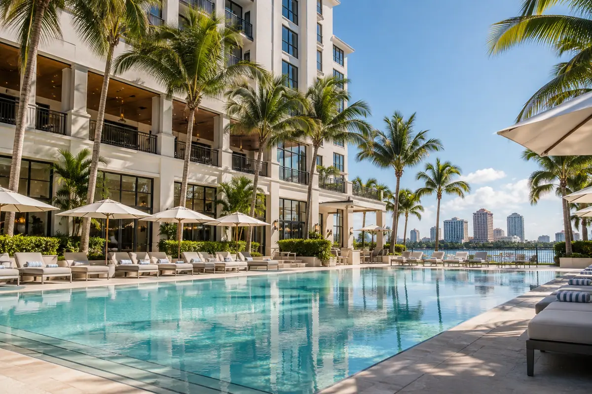 Photoreal travel-editorial view of Hilton West Palm Beach in West Palm Beach, Florida