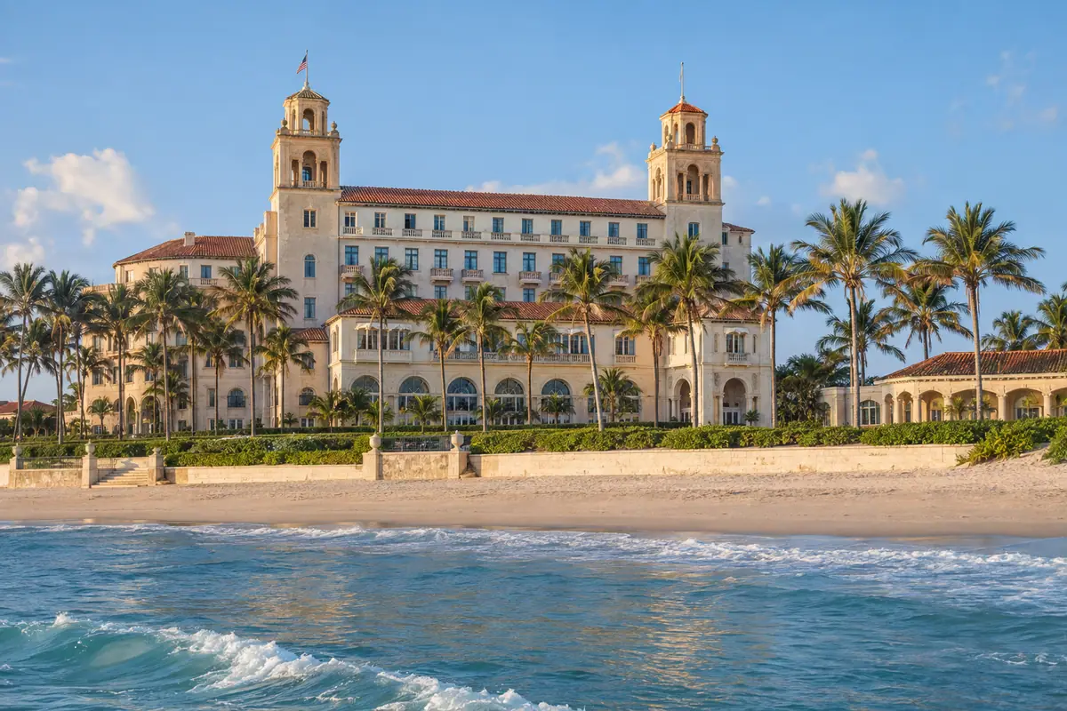 Photoreal travel-editorial view of The Breakers Palm Beach in West Palm Beach, Florida