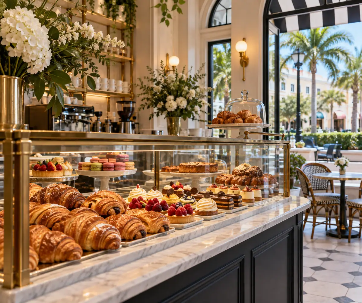 Photoreal travel-editorial view of Loic Bakery Cafe Bar in West Palm Beach, Florida