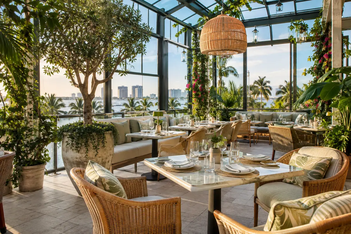 Photoreal travel-editorial view of RH Rooftop Restaurant West Palm in West Palm Beach, Florida
