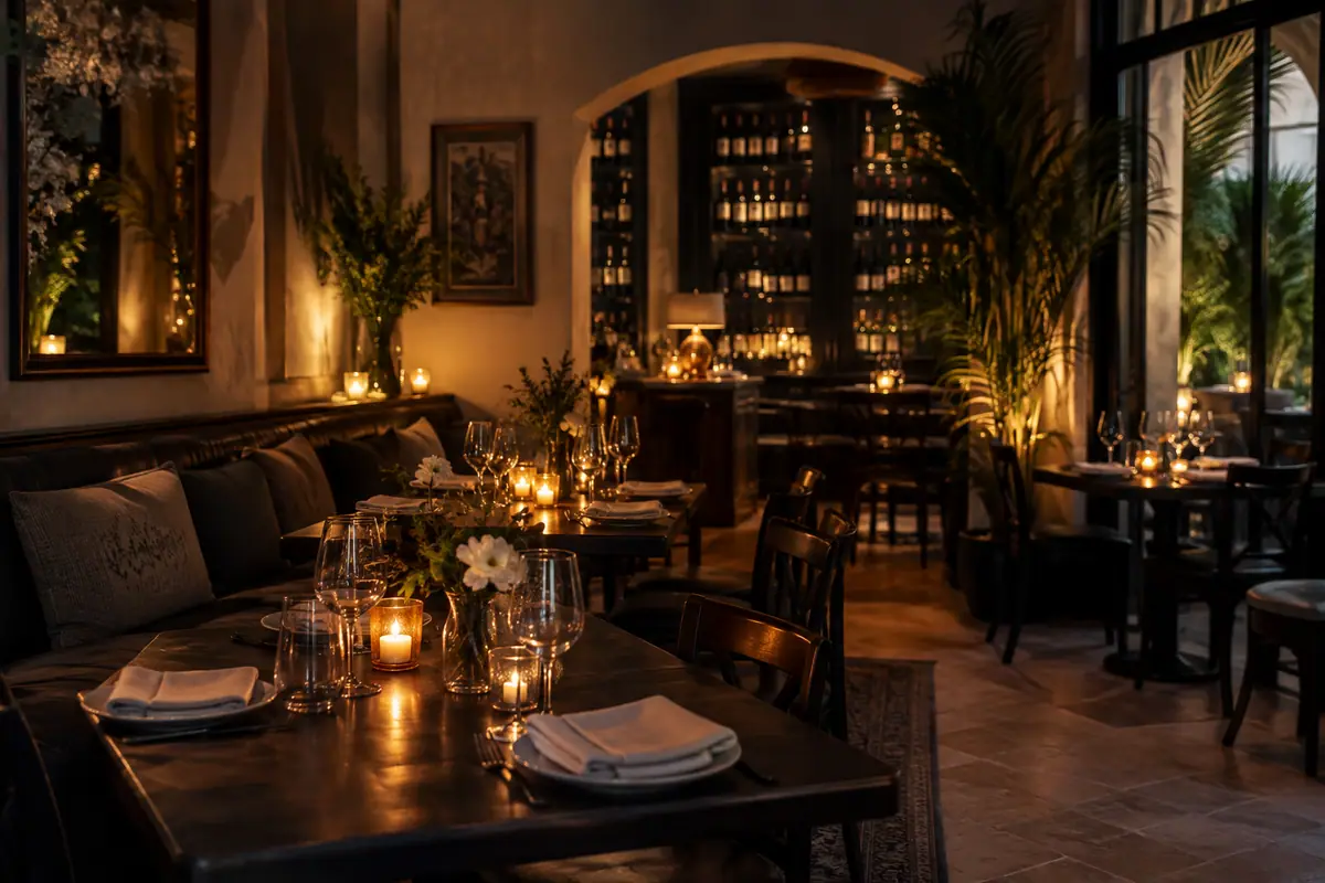 Photoreal travel-editorial view of The Blind Monk Dinner in West Palm Beach, Florida