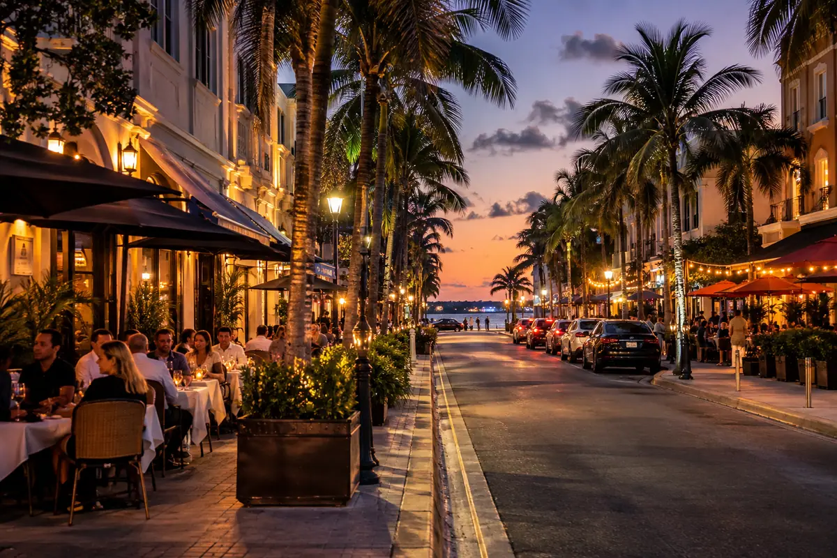 Photoreal travel-editorial view of Clematis Street in West Palm Beach, Florida