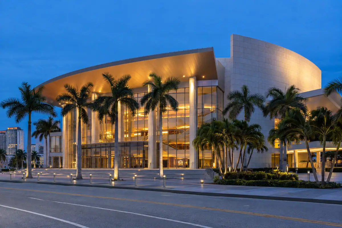 Photoreal travel-editorial view of Kravis Center for the Performing Arts in West Palm Beach, Florida