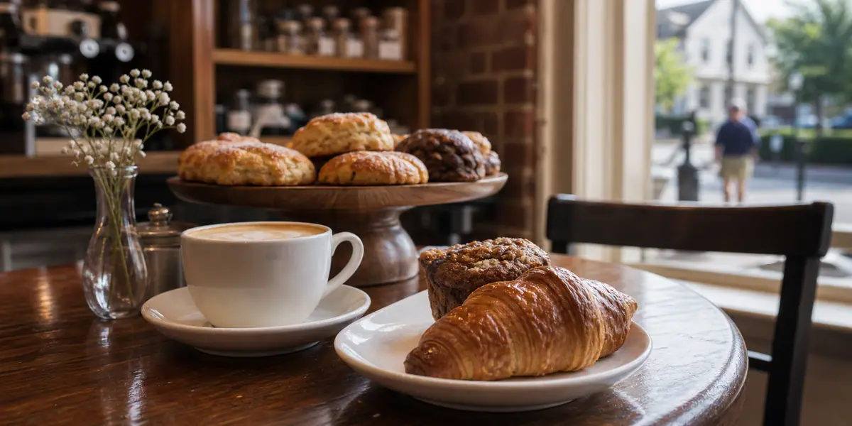Photoreal coffeehouse pastry scene representing Aromas World in Williamsburg