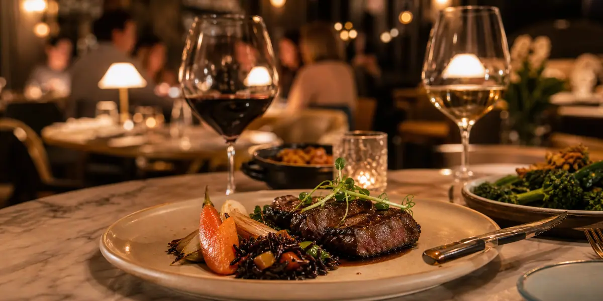 Photoreal elegant dinner scene representing Fat Canary in Williamsburg
