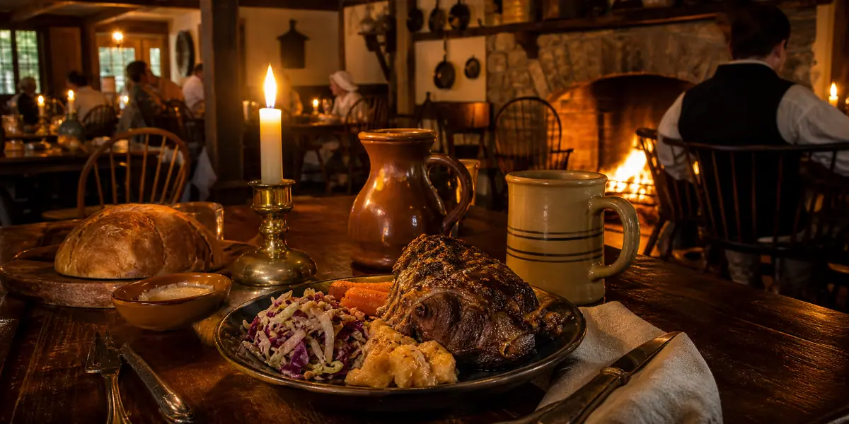 Photoreal colonial tavern dinner scene representing King's Arms Tavern in Williamsburg