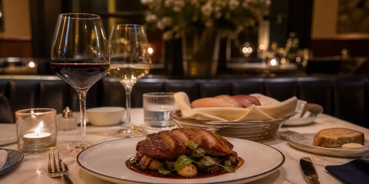 Photoreal refined French dinner scene representing Le Yaca in Williamsburg
