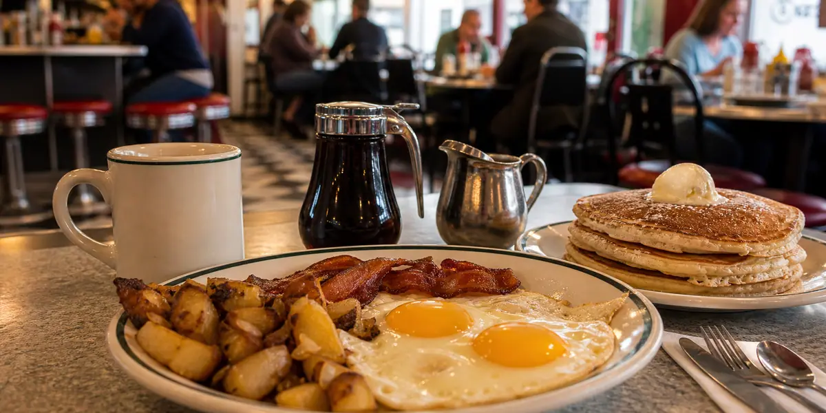 Photoreal classic diner breakfast scene representing Shorty's Diner in Williamsburg