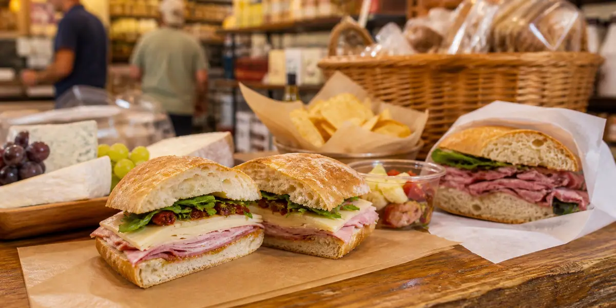 Photoreal sandwich shop lunch scene representing The Cheese Shop in Williamsburg