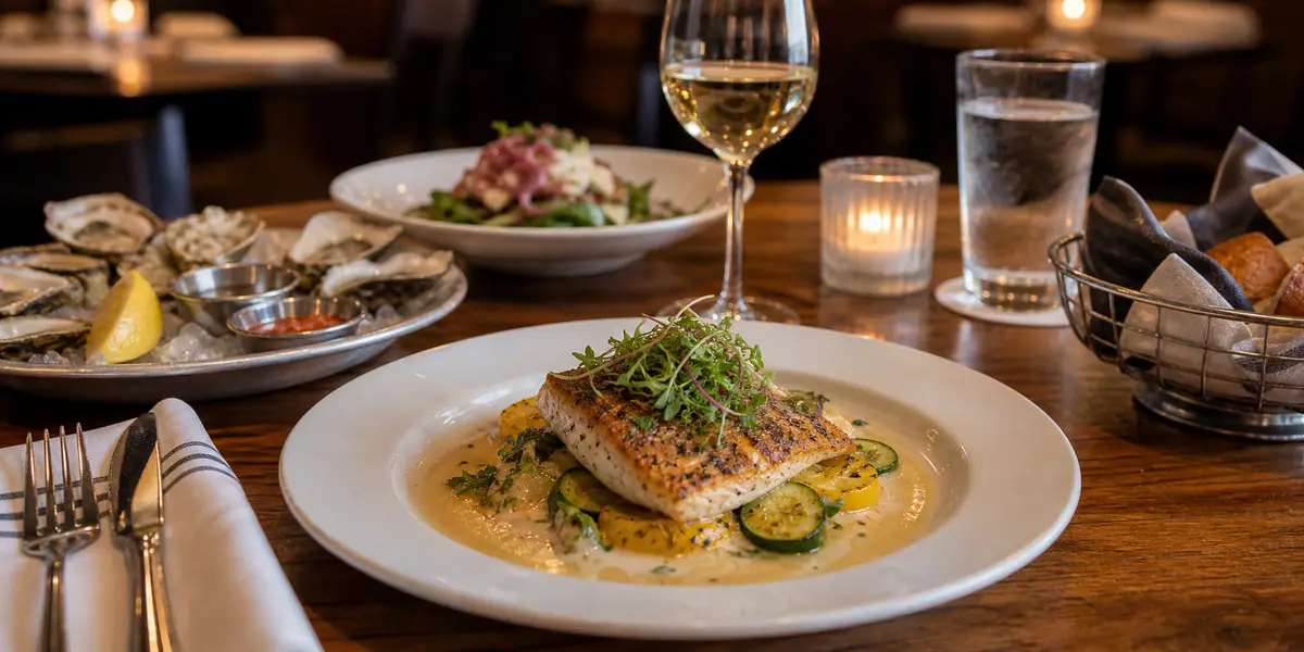 Photoreal refined seafood dinner scene representing Waypoint Seafood & Grill in Williamsburg