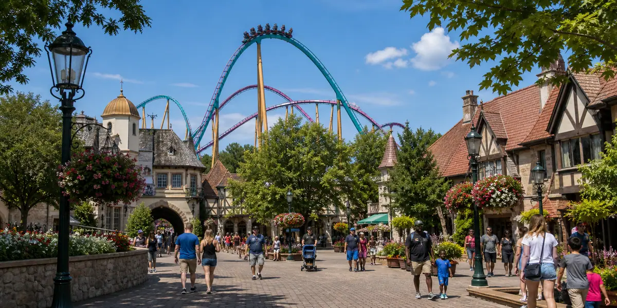 Photoreal theme park scene representing Busch Gardens Williamsburg