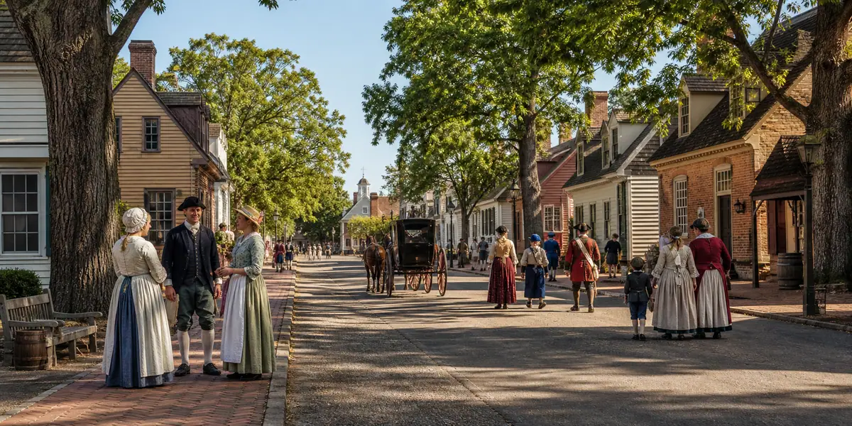 Photoreal colonial streetscape representing Colonial Williamsburg