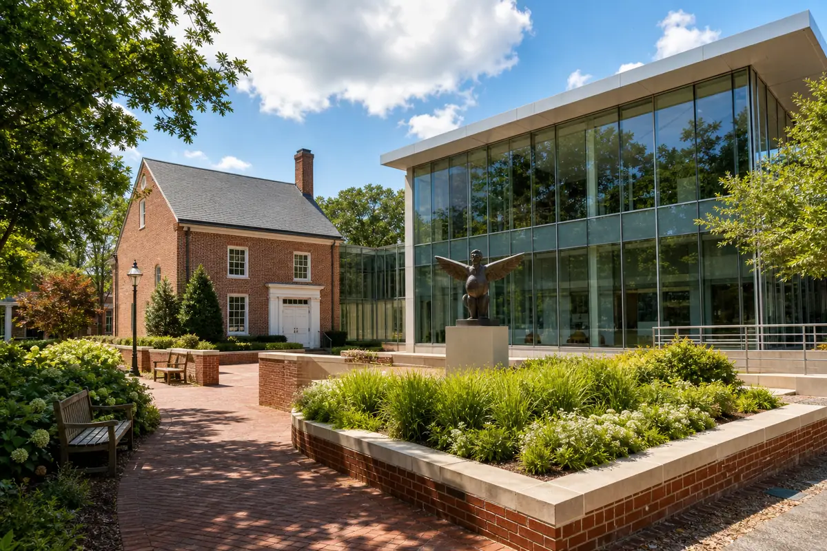Photoreal Abby Aldrich Rockefeller Folk Art Museum campus with brick-and-glass architecture in Williamsburg daylight