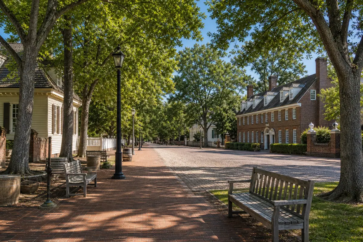 Photoreal tree-lined Williamsburg streetscape and Merchants Square-style historic district setting