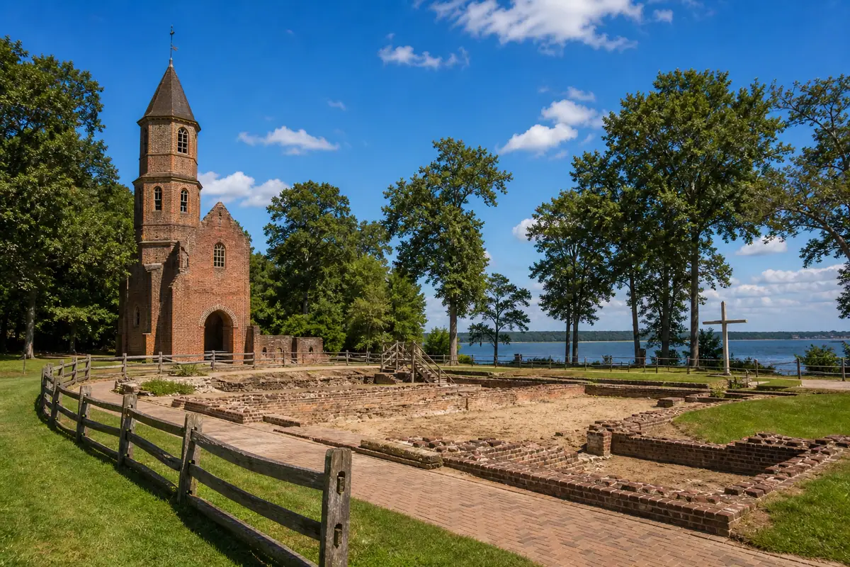 Photoreal Historic Jamestowne church tower and archaeological grounds in daylight